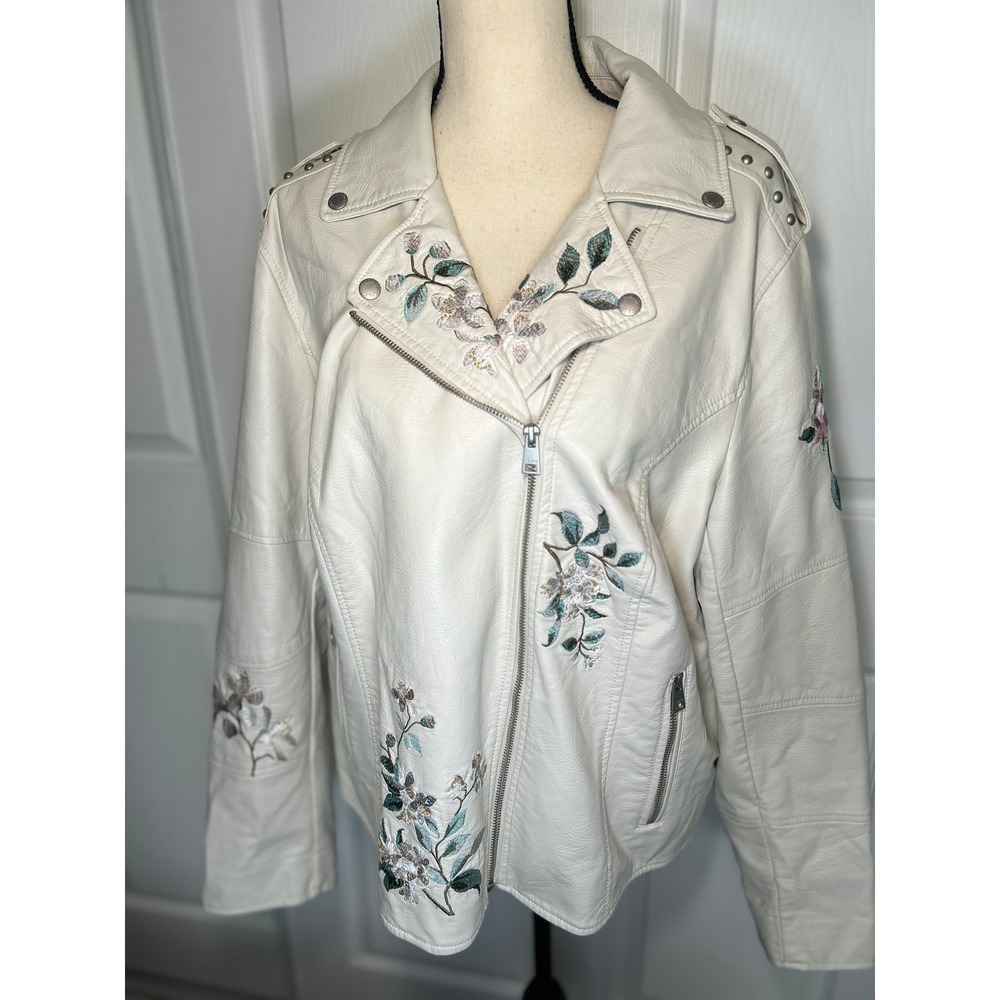 Levi's Moto Jacket Floral Embroidered Cream Faux Leather Studded Biker XL White - Picture 1 of 7